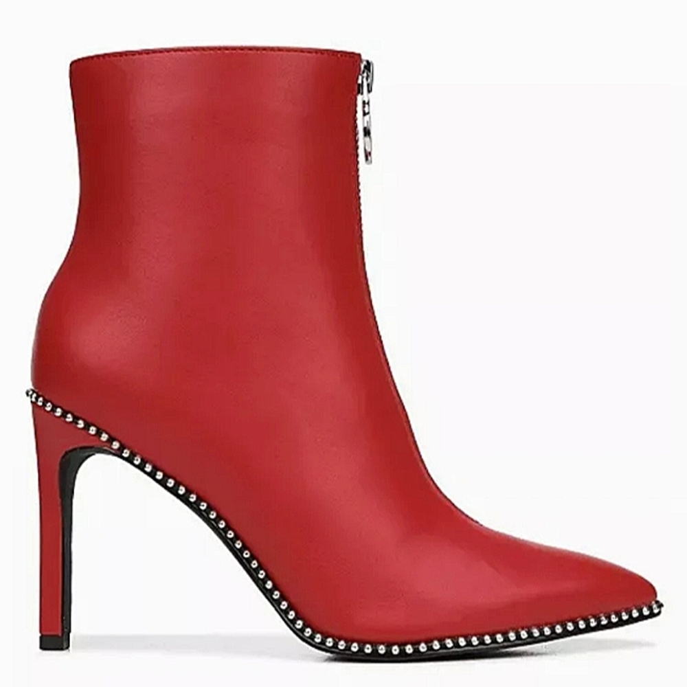 New w/Box Bar III Briget Red Faux Leather Front Zip Ball-Chain Dress Ankle Boots - Picture 1 of 6